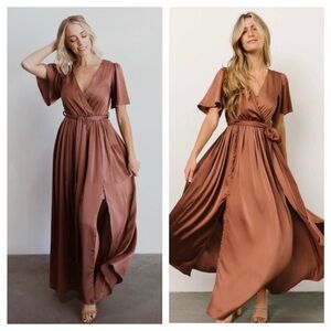 Baltic Born Sicily Satin Maxi Dress Small Maeve Brown Tie Thigh Slit Cocktail